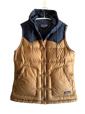 Patagonia Bivy Hooded Down Vest New Navy Shelter Brown Women’s M EUC Snap Front